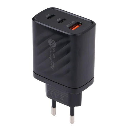 Essential charger for home and travel device needs - black 3-port wall charger with USB-C and USB-A ports for smartphone and tablet charging