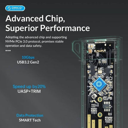 Orico Enclosure for M.2 SATA SSDs, Ideal for Portable Storage Expansion - internal board close-up showing advanced chip and USB3.2 Gen2 labeling