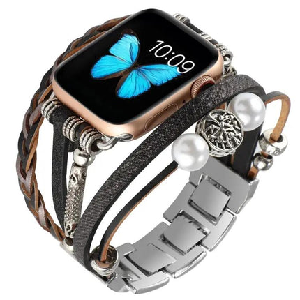 Jewelry Watch Band Metal Leather Bead Chain For Apple Watch