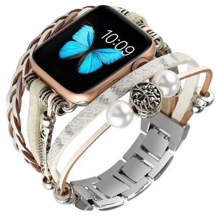 Jewelry Watch Band Metal Leather Bead Chain For Apple Watch