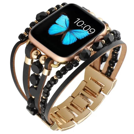 Apple Watch Jewelry Bead Chain Leather Metal Band Adjustable | Syndmart