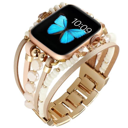 Apple Watch Jewelry Bead Chain Leather Metal Band Adjustable