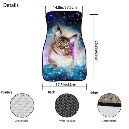 2-In-1 Universal Car Floor Mats Set - All-Season, 37.5x68 cm cat galaxy print polyester 2-in-1 universal mat showing dimensions and textured back