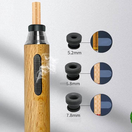 Portable Car Ashtray Made from Timber Log for Driving Use shown with timber body, metal top, smoke vent and three rubber grommet sizes (5.2mm, 6.8mm, 7.8mm)