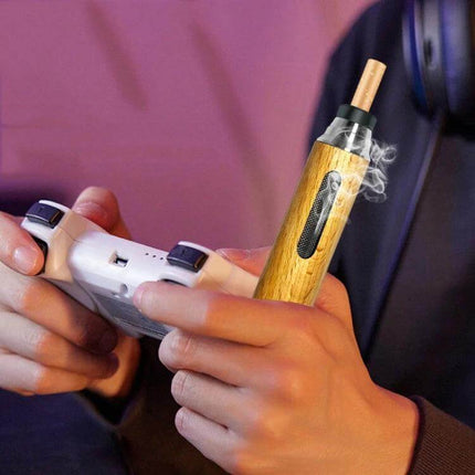 Portable Car Ashtray Made from Timber Log for Driving Use - compact timber log ashtray with metal rim and rubber base held while gaming