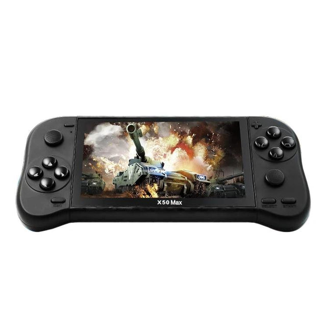 X50 Max Handheld Game Console with 5.1-Inch Screen and Games showing gameplay on a portable black unit for travel entertainment