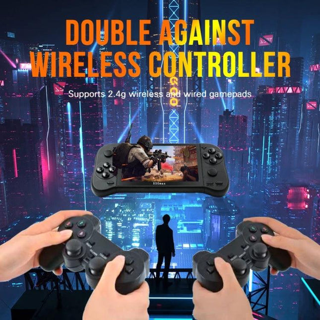 X50 Max Handheld Game Console with 5.1-Inch Screen and Games showing handheld device and two wireless controllers in neon city background