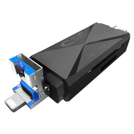Multi-Function Card Reader with USB and Type-C for SD/TF Cards showing USB, Type-C and 8Pin connectors for high-speed photo and file transfer