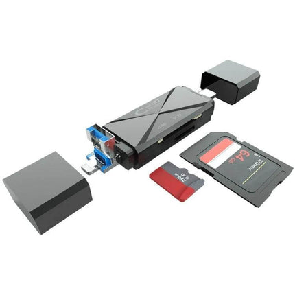 Multi-Function Card Reader with USB and Type-C for SD/TF Cards compact hub showing USB, Type-C, SD and TF cards for fast photo transfer