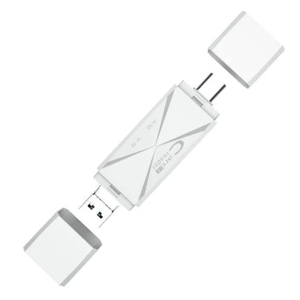 Multi-Function Card Reader with USB and Type-C for SD/TF Cards showing white compact reader with USB plug and removable caps for SD and TF card access