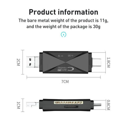 Multi-Function Card Reader with USB and Type-C for SD/TF Cards compact black adapter showing dimensions and SD/TF slots
