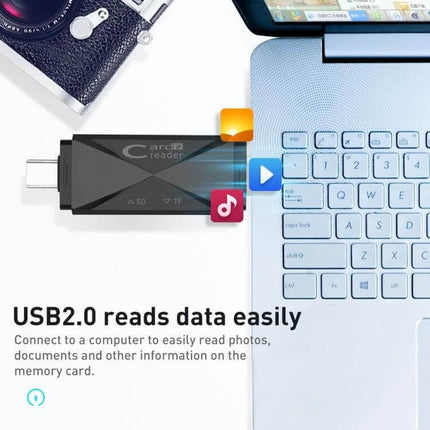 Multi-Function Card Reader with USB and Type-C for SD/TF Cards plugged into laptop USB showing SD/TF slot and high-speed file transfer arrows