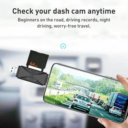 Multi-Function Card Reader with USB and Type-C for SD/TF Cards showing SD card, USB dongle and smartphone displaying dash cam footage