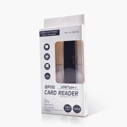 Multi-Function Card Reader with USB and Type-C for SD/TF Cards in retail packaging showing 8PIN USB-A, USB-C and Lightning connectors