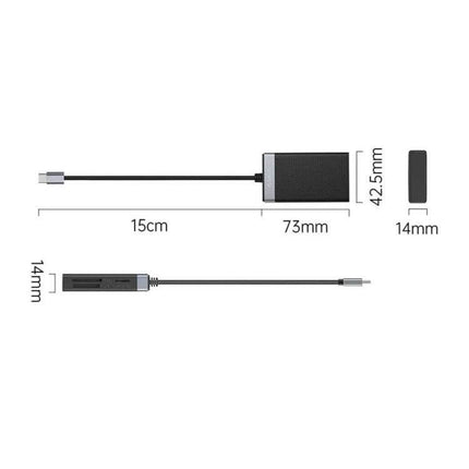 Orico 4-in-1 USB-C Multifunction Card Reader for Simultaneous Use, compact dimensions 73mm x 42.5mm x 14mm with 15cm cable