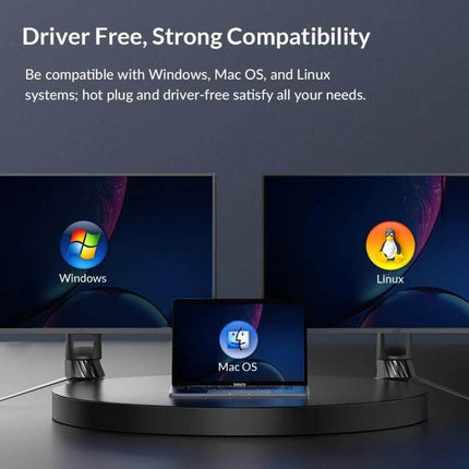 Orico 4-in-1 USB-C Multifunction Card Reader for Simultaneous Use showing driver-free compatibility with Windows Mac OS and Linux