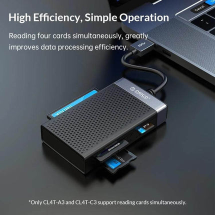 Orico 4-in-1 USB-C Multifunction Card Reader for Simultaneous Use – compact card reader connected to laptop showing SD, MicroSD, CF and MS cards