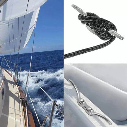 Two And A Half Inch Stainless Steel Marine Flagpole Hook With Screw mounted on boat rail showing halyard rope and cleat close-ups