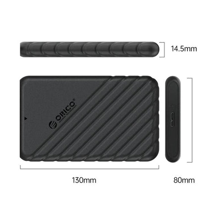 Orico 2.5 Inch External Hard Drive Enclosure for Portable Storage shown in black with textured grip and dimensions 130mm x 80mm x 14.5mm