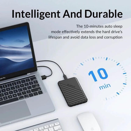 Orico 2.5 Inch External Hard Drive Enclosure for Portable Storage connected to laptop showing intelligent durable design and 10-minute auto sleep feature