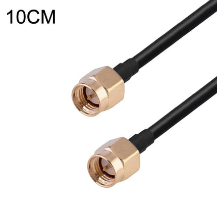 Short RG174 Coaxial Cable for Wireless Antenna Connections, 10cm showing two gold SMA connectors and black cable
