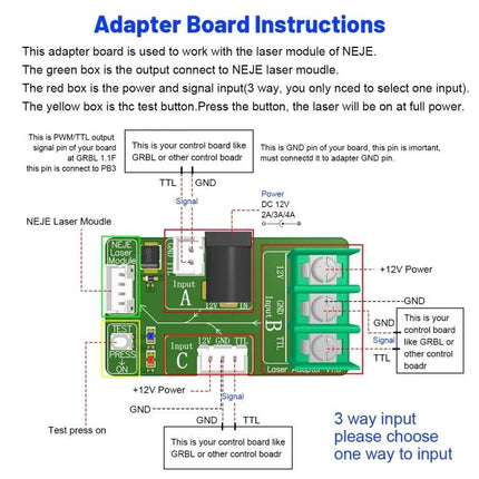 NEJE Laser Engraver Module for DIY Wood and Acrylic Projects wiring adapter board diagram showing inputs, power, TTL signal and test button