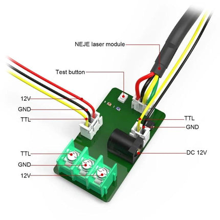 NEJE Laser Engraver Module for DIY Wood and Acrylic Projects - labeled wiring board with 12V, GND, TTL, test button and connectors