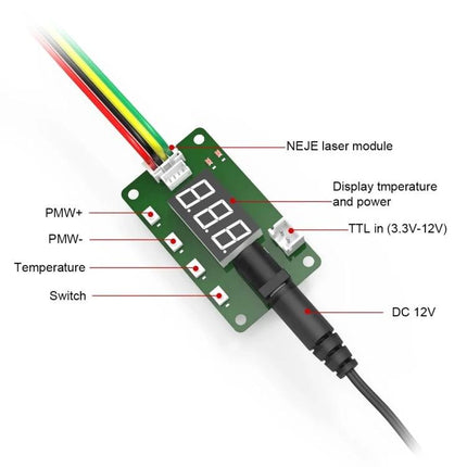 NEJE Laser Engraver Module for DIY Wood and Acrylic Projects - 15W optical board with display, connectors, and DC 12V input for precise engraving