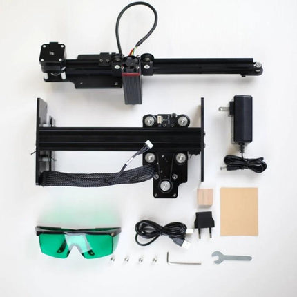 Neje Master 3 Laser Engraver for Engraving and Cutting Projects compact kit laid out with rails laser module power adapter goggles and accessories