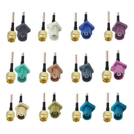 20cm Antenna Extension Cable for Navigation Systems showing SMA male to multiple colored Fakra connectors on gold-plated ends