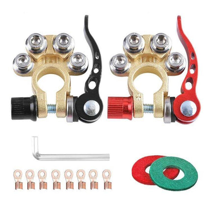 Car Battery Terminals Quick Disconnect Connectors With L Wrench showing red and black quick-release battery terminal clamps, L wrench, and accessories