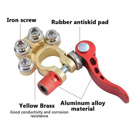 Car Battery Terminals Quick Disconnect Connectors With L Wrench - brass terminal with red aluminum alloy quick-release lever and rubber antiskid pad