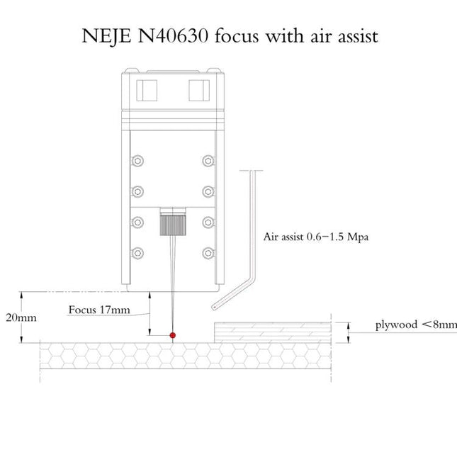 NEJE Safe Laser Engraver Module for DIY Enthusiasts diagram showing NEJE N40630 focus with air assist and focus distance measurements