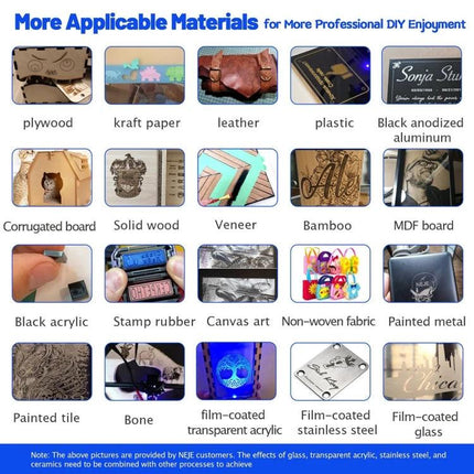NEJE Safe Laser Engraver Module for DIY Enthusiasts showing materials list (wood, leather, plastic, acrylic, metal, fabric) for engraving applications