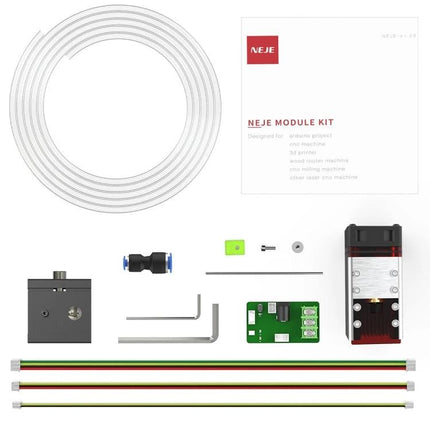 NEJE Laser Engraver Module with Built-in Eye Protection Glass showing module kit components laid out for hobby engraving