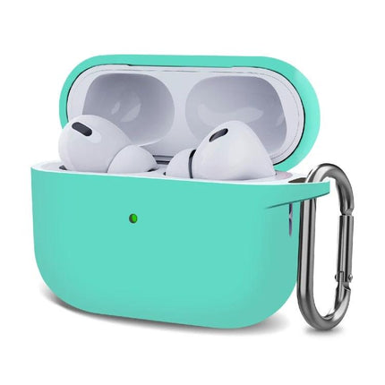 Silicone Protective Case with Hook for Everyday Earphone Carry in teal silicone with carabiner attached and wireless earphones inside