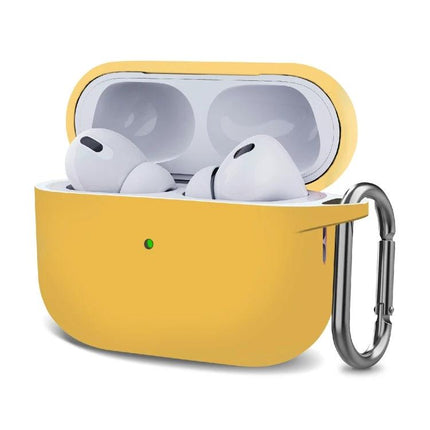 Silicone Protective Case with Hook for Everyday Earphone Carry in yellow with carabiner attached protecting wireless earbuds