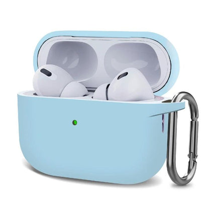 Silicone Protective Case with Hook for Everyday Earphone Carry in light blue with carabiner attached and earbuds inside