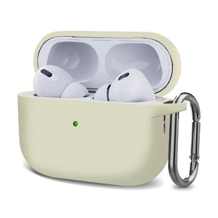 Silicone Protective Case with Hook for Everyday Earphone Carry showing pale green case with hook and white earbuds
