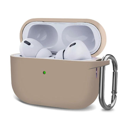 Silicone Protective Case with Hook for Everyday Earphone Carry in beige with carabiner clipped to bag