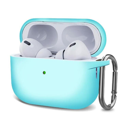 Silicone Protective Case with Hook for Everyday Earphone Carry in aqua with carabiner attached to earbuds case