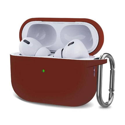 Silicone Protective Case with Hook for Everyday Earphone Carry shown in maroon with earbuds inside and attached metal carabiner