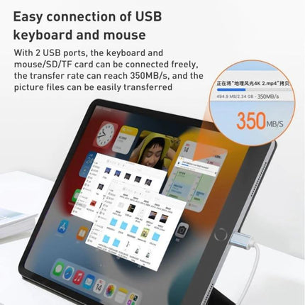 Compact Docking Station for Everyday iPhone Data Transfers showing iPad connected with USB ports for keyboard, mouse and 350MB/s file transfer
