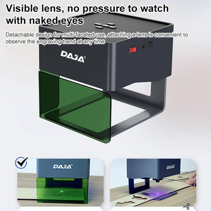 DAJA Mini Laser Engraving Machine for DIY Crafting and Cutting showing compact unit with visible lens and detachable green protective shield