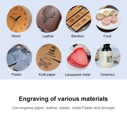 DAJA Mini Laser Engraving Machine for DIY Crafting and Cutting showcasing engraved examples on wood, leather, bamboo, food, plastic, paper, metal, ceramics