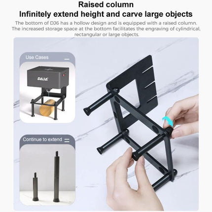 DAJA Mini Laser Engraving Machine for DIY Crafting and Cutting raised column accessory showing adjustable height stand for engraving cylindrical and large objects