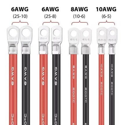 Car Battery Inverter Cable Copper 50cm For Vehicle Electricals - 6AWG 8AWG 10AWG tin-coated lug battery-to-inverter cables, red and black, 50cm