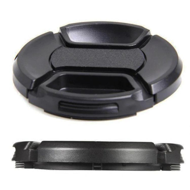 Canon Center Pinch Lens Cap for Canon 49mm Cameras - black center-pinch lens cap shown front and side views, protects 49mm Canon lenses