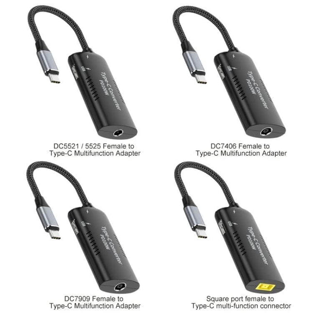 Multifunctional Type-C USB Adapter for Laptop Charging Connections — black alloy housing with nylon braided cable and multiple DC port options