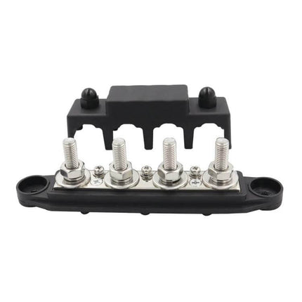 RV Power Distribution Terminal Block With Cover M8 and M10 Studs compact 48V DC bus, 4-stud 62.5A each, ABS body with zinc alloy hardware